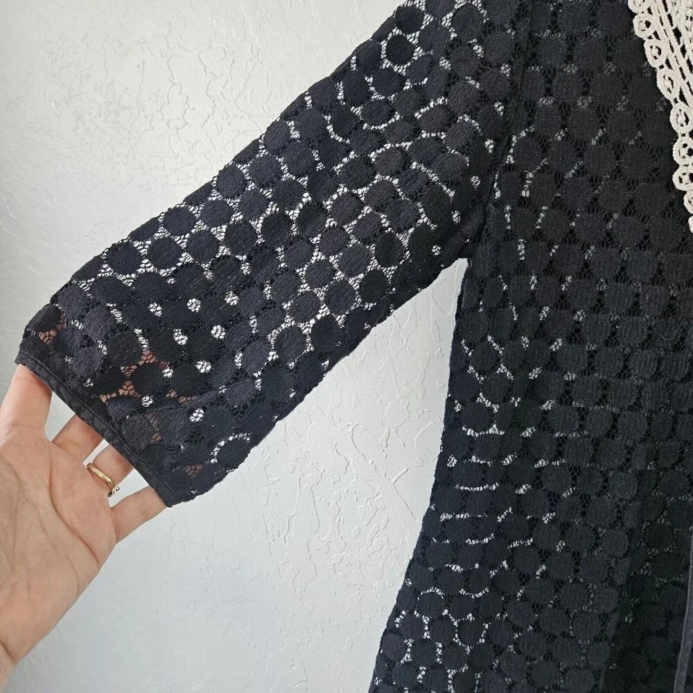 Womens Black Lace Dot Sheer  Blouse Sz Lg Fairy Grunge Goth Witchy Boho Office